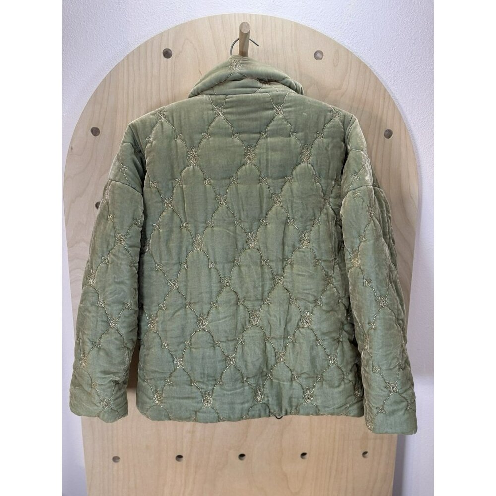 EUC Johnny Was Zaelia Lux Quilted Velvet Puffer Mint Green Coat Gold Trim XS/S - Picture 10 of 16